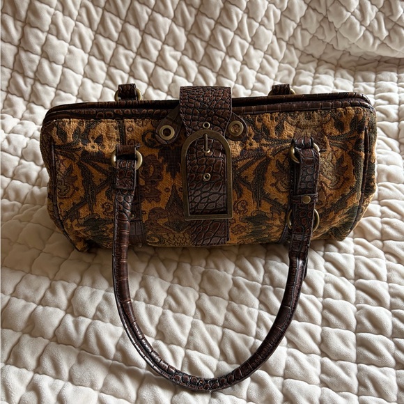 Vintage 90s Tapestry Shoulder Bag with Croc-Effect Trim in Brown - Picture 2 of 13